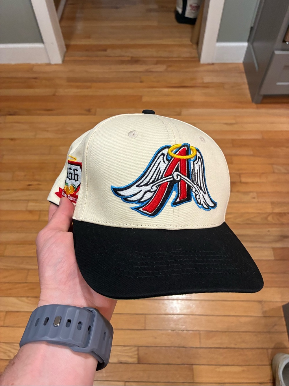 Anaheim Angels anniversary Cream and Black Trucker Hat with Winged A Logo